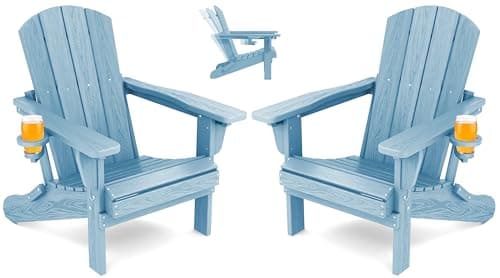 SERWALL Folding Adirondack Chair Set of 2, Adjustable Adirondack Chair with 3 Recline Positions, All Weather HDPE Outdoor Adirondack with Cup Holders, Light Blue