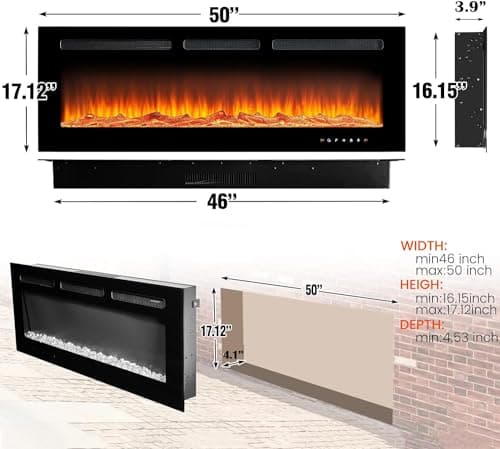 oneinmil Electric Fireplace, 50 inch Wide Recessed/Wall Mounted Electric Fireplace, Remote Control with Timer 12 Adjustable Color Flame, Remote Control,with Crystal Stone, 750/1500W 9