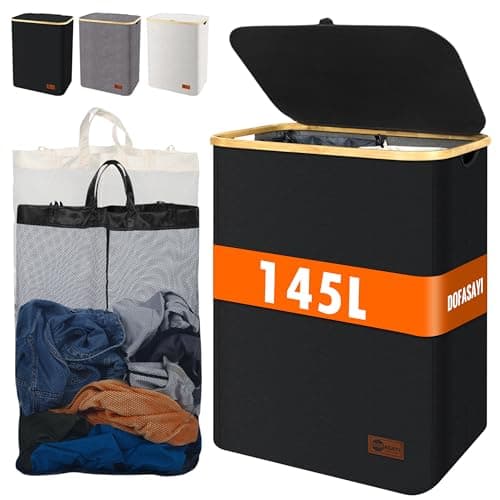 145L Large Laundry Hamper with Lid - 2 Section Laundry Basket with Removable Laundry Bag, Bamboo Handles, Collapsible, Sturdy, Hamper for Bedroom, Bathroom, Dorm, Laundry Room, Black