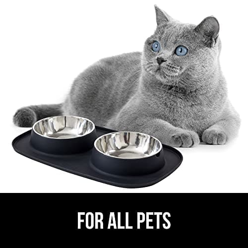GORILLA GRIP Feeding Mat Bowl Set, 100% Waterproof BPA Free Silicone Base, 304 Stainless Steel Cat and Dog Bowls for Food and Water, Slip Resistant, High Edge, US Designed, Patent Pending, 2 Cup Black 8