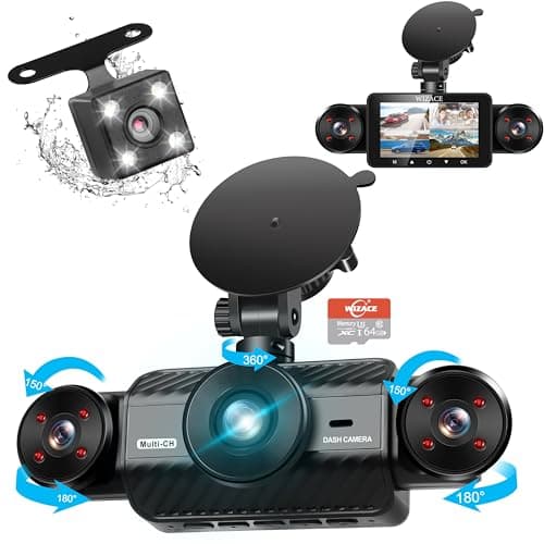4 Channel Dash Cam 360° View, WIZACE 2K Front and Rear Inside, Left Right Dash Camera for Cars, Multi-Ch FHD 8 IR Lamps Night Vision, Free 64GB SD Card, G-Sensor, HDR, 24H Parking Mode