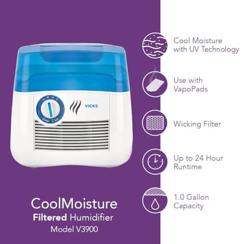 Vicks Cool Mist Humidifier with UV Light, 1 Gal Tank, Evaporative Design Auto-Adjusts to Room Humidity, Cool Mist Humidifiers for Bedrooms, Baby Rooms & More, Use with Vicks VapoPads 5