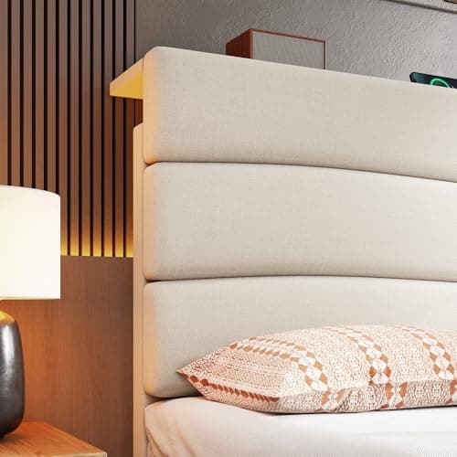 EnHomee King Size Bed Frame, Upholstered King Bed Frame with Charging Stations, Storage Headboard Adjustable, Bedroom, Apartment, Dorm, Noise-Free, No Box Springs Needed, Beige 7