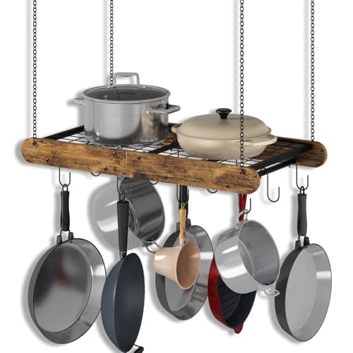 GILLAS Pot Racks Hanging Ceiling Mount, Pot and Pan Hanging Rack with 12 S-shaped Hooks, Ceiling Storage Mounted Pot Holder for Pan, Pan Hanging Rack Ceiling Mount for Organize Kitchen, Space Saver