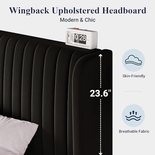 Allewie Queen Size Velvet Bed Frame/Vertical Channel Tufted Wingback Headboard/Upholstered Platform Bed/Strong Wooden Slats/No Box Spring Needed/Easy Assembly/Black 5