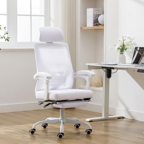 Qulomvs Mesh Ergonomic Office Chair with Footrest Home Office Desk Chair with Headrest and Backrest 90-135 Adjustable Computer Desk Chair with Wheels 360 Swivel Task Chair(Pure White)