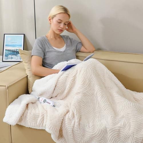 TiMiCalda Heated Throw Blanket Electric - 50"x60" Cozy Soft Jacquard Heating Blanket with 4 Heat Levels & 4 Hours Auto-Off, Electric Throw with Overheating Protection, Warm Gifts, Cream 7