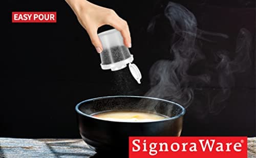 SIGNORAWARE Salt and Pepper Shakers Moisture Proof Set of 2 Medium Salt Shaker to go Camping Picnic Outdoors Kitchen Lunch Boxes Travel Spice Set Clear with White Lids Plastic Airtight Dispenser 5