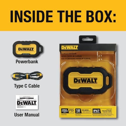 DEWALT Heavy Duty Portable Charger, Power Bank, Travel Worksite 10,000 mAh Battery Pack with USB-C Port for iPhone 17/16 Plus Pro Max, iPhone 15/14/13, Samsung Galaxy 9