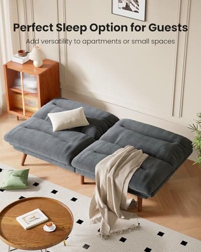 Amada 66" Convertible Futon Sofa Bed, Corduroy Folding Futon Set with Adjustable Backrest &Armrests, Recliner Lounge for Living Room, Apartment or Office, Solid Wood Frame, Loveseat Sofa - Grey 8