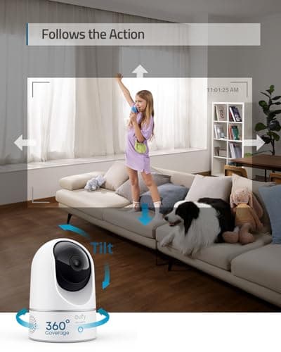 eufy Security Indoor Cam E220, Camera for home Security, Pan & Tilt, Dog/Pet Camera, 2K Wi-Fi Plug-in, Motion Tracking, Motion Only Alerts, Night Vision, HomeBase 3 Compatible, Voice Assistant Support 6