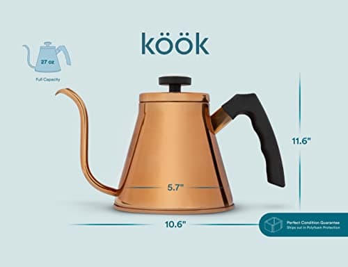 Kook Gooseneck Kettle, Kettle Stovetop, with Thermometer, Tea Pot, for Pour Over Coffee & Tea, Temperature Gauge, Electric, Compatible for Gas Stovetop, 3 Ply Stainless Steel Base, 27 oz, (Copper) 6