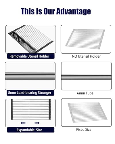 CLNGAI Roll Up Dish Drying Rack,Expandable Over The Sink Dish Drainer,Stainless Steel Kitchen Rolling Sink Rack with Utensil Holder,Length Up to 22.3" (Black) 5
