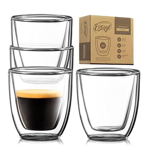 Glass Espresso Cups Set of 4 - Double Walled Espresso Cup 2.7 OZ - Wide Italian Style Clear Doppio Espresso Cup - Double Espresso Cups - Espresso Accessories Small Double Wall Expresso Coffee Cup 8