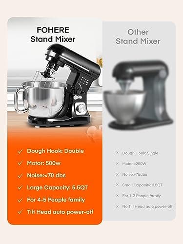 Stand Mixer Fohere, with Double Dough Hook, Wire Whip & Beater, 6+ P Speed Tilt-Head Food Mixer, Pouring Shield for Home Cooking, Dishwasher Safe Stainless Steel Bowl with Handle (Black) 8