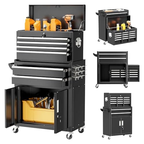 Bonusall 8 Drawer Rolling Tool Chest and Cabinet Combo,Heavy-Duty Metal Garage Tool Chest with Wheels and 2 Doors,2-in-1 Top Box and Roller Cabinet Combo for Garage, Workshop, Warehouse-Black