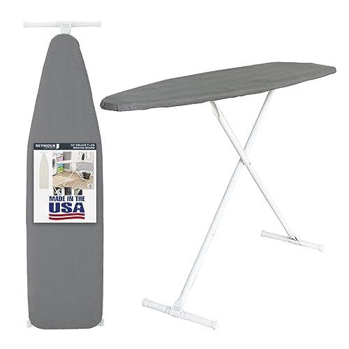 Full Size Ironing Board with Cover & Pad – Made in USA by Seymour Home Products Adjustable Steel T-Legs, 35" High Perforated Top for Steam Durable Iron Board for Home, Laundry Room (Grey)