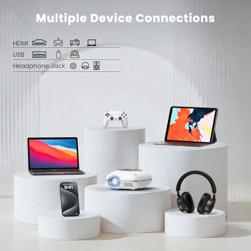 HOMPOW Mini Projector with Two -Way Bluetooth, Portable Projector for Home Theater Use, Support 1080P for Indoor/Outdoor, Movie Projector Compatible with HDMI, USB, Laptop, TV Stick (White) 5