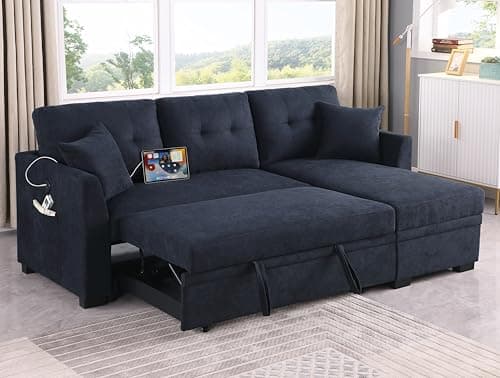 MMTGO 81.5" Reversible Sleeper Sectional Sofa Chaise,with Charging Ports and Pull Out Bed, L-Shaped Velvet Couch w/Side Pocket & Storage Chaise