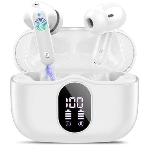 Wireless Earbuds, Bluetooth 5.4 Headphones Bass Stereo, Ear Buds with Noise Cancelling Mic, IP7 Waterproof in Ear Earphones, 36H LED Display Bluetooth Earbuds for Laptop Pad Phones Sports, White