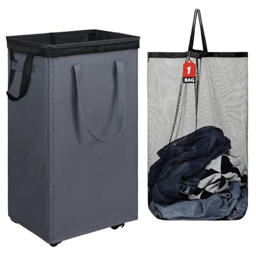DOKEHOM 90L X-Large Laundry Basket with Removable Wash Bag on Wheels, Collapsible Rolling Laundry Hamper, Foldable Clothes Organizer, Folding Washing Bin (Grey)
