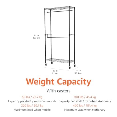 Amazon Basics Adjustable Double Rod Rolling Garment Rack, Hanging Clothes Closet Organizer with Wheels, Heavy Duty, 36" x 14" x 72", Black 6