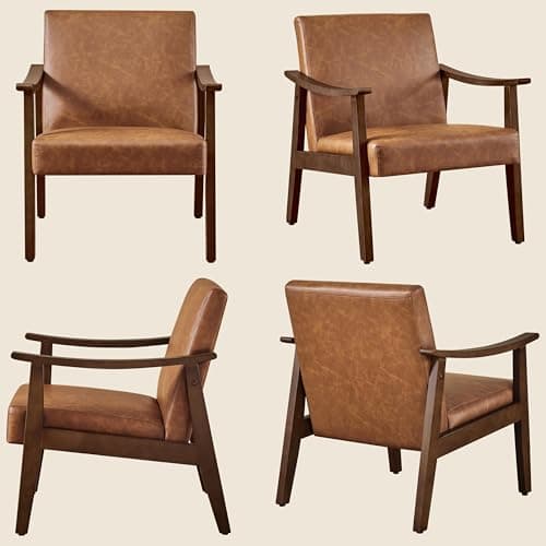 Yaheetech PU Leather Accent Chair, Mid-Century Modern Armchair with Solid Wood Legs, Reading Leisure Chair with High Back for Living Room Bedroom Waiting Room, Brown 9