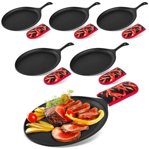 Lallisa 6 Set Cast Iron Fajita Plate Sizzle Pan Pre Seasoned Cast Iron Skillet with Anti Scald Protection Hot Mitt Evenly Heated Flat Sizzle Plates for Kitchen Party Restaurant Service