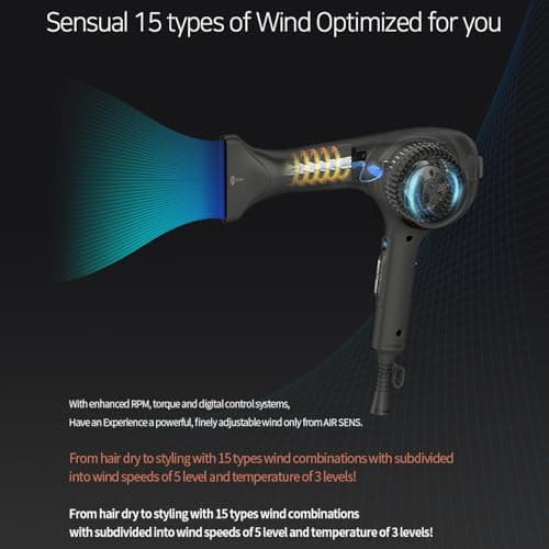JMW Korean Professional Salon Hair Dryer AIR Sense I 15 Winds-3 Heat X 5 Speed Mix, 2 Nozzles & Dryer Stand, Upgrade BLDC Motor, 100% Cool Shot, Smart Memory, Fast Drying, Quiet and Long-Lasting 5