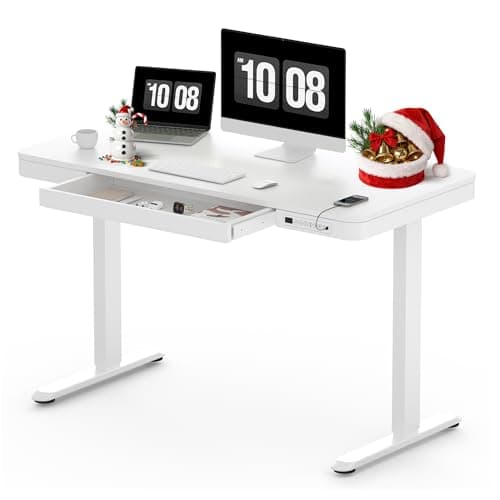 SANODESK Standing Desk with Drawer, Electric Height Adjustable Home Office Desk with Storage & USB Ports, 48 inch White Wood Tabletop/White Frame