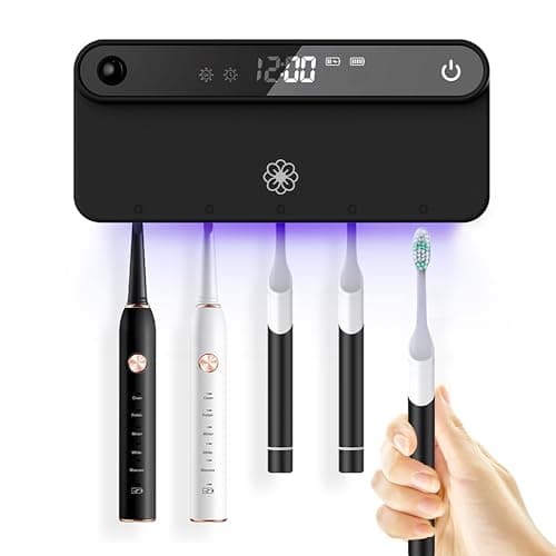 Bloom Toothbrush Sanitizer and Holder for Bathroom Walls, Strong 3M Adhesive, Time Display, Long-Lasting Charge, 5 Slots for Any Size Toothbrush, Black