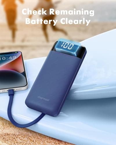 charmast Portable Charger with Built in Cables, Power Bank with Cords Wires, Slim 10000mAh Travel Battery Pack 6 Outputs 3 Inputs 3A Fast Charging for Samsung Google Pixel LG Moto iPhone iPad 7