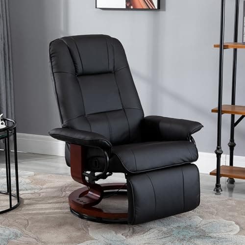 HOMCOM Faux Leather Manual Recliner, Adjustable Swivel Lounge Chair with Footrest, Armrest and Wrapped Wood Base for Living Room, Black 10