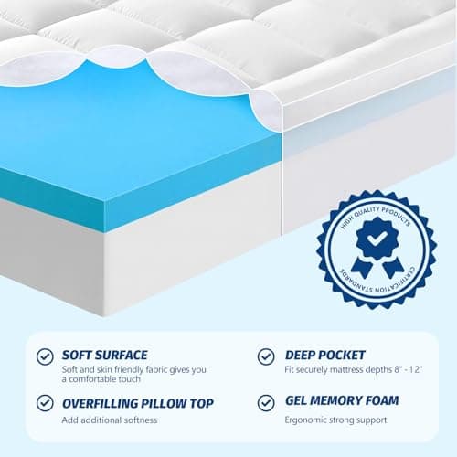 MEUDYT Memory Foam Mattress Topper Queen Size - 3 Inch Dual Layer Mattress Pad - 2 Inch Cooling Gel Memory Foam Plus 1 Inch Pillow Top Cover - Ultra Soft Support for Back Pain 6