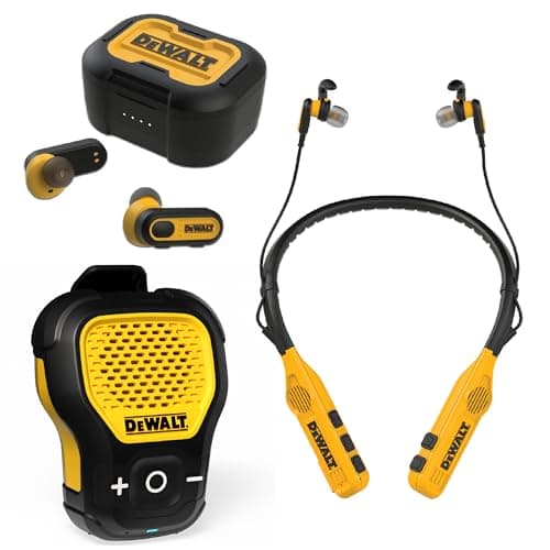 DEWALT Ultimate Jobsite Audio Bundle – Wireless Earbuds, Clip-On Speaker, & Neckband Earphones