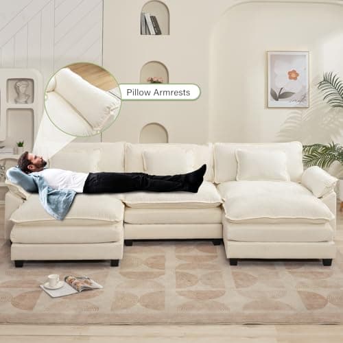 Oprisen 120" Modular Sectional Sofa, Comfy Cloud Couch Sectional Sofa with Ottoman, Chenille Sofa Sleeper Deep Seat Sofa with Throw Pillows for Living Room (Beige White, 120"- U Shape) 5