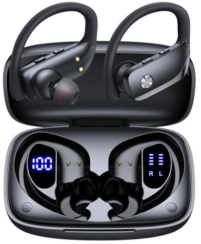 bmanl Wireless Earbuds Bluetooth Headphones Over Ear Hooks Ear Buds with 80H Playtime, LED Power Display, Dual Mic Clear Calls, Sports Wireless Ear Buds Bluetooth Earbuds for Running Gym Workout Black