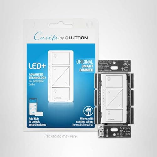 Lutron Caseta Original Smart Dimmer Switch (Lutron Smart Hub Required), for LED Lights, 150 Watt, Single-Pole/3-Way, No Neutral Required, PD-6WCL-WH, White 12