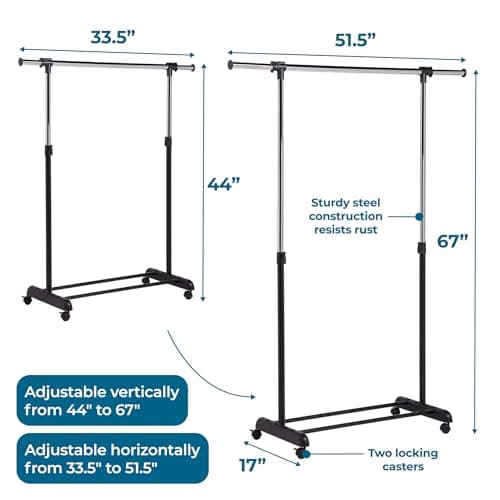 Honey-Can-Do Rolling Garment Rack with Adjustable Height and Width, Metal Clothes Rack, Heavy-Duty Organizer, Chrome 5