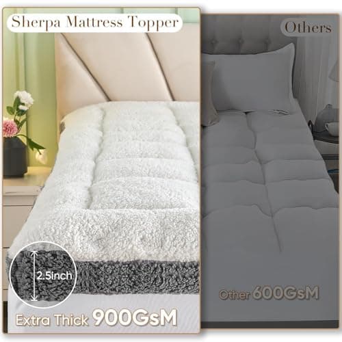 Cymula Full Size Mattress Topper for Winter Sherpa Pillow Top Mattress Pad Topper with 8-21 Inch Elasticated Deep Pockets, Plush Down Alternative Fill Mattress Protector, White 5