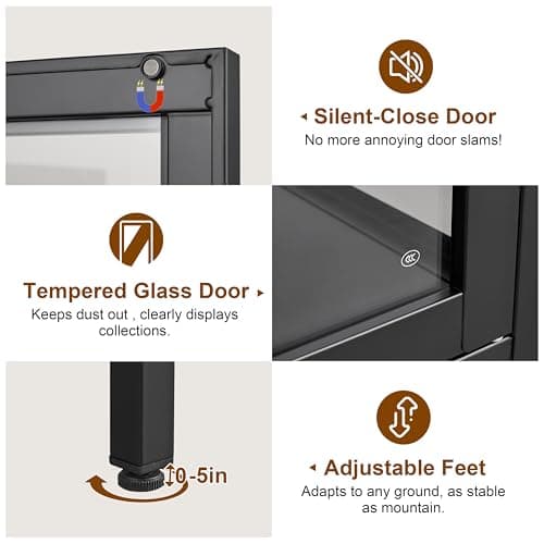 UNICOLY Glass Display Cabinet 4-Tier, Display Cabinet with Glass Doors, Curio Cabinet with Tempered Glasses Doors,Metal Storage Cabinets for Living Room, Plant, Assembly Required, Black 5