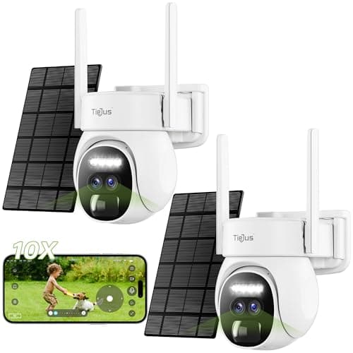 TIEJUS Dual Lens Security Cameras Wireless Outdoor 2Packs, 360° PTZ Solar Cameras for Home Security Outside, 2K WiFi Battery Powered Surveillance Camera Color Night Vision, Motion Alarm [10X Zoom]