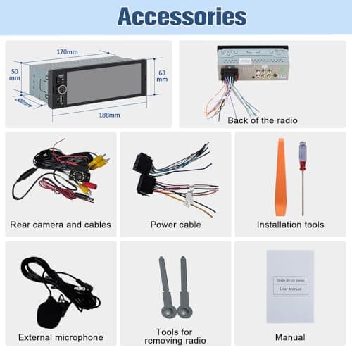 Pyniro Universal Single Din Car Stereo with Wireless CarPlay & Android Auto, 6.36 Inch IPS Touch Screen Head Unit with Backup Camera/External Microphone, Car Radio Supports Bluetooth/SWC/FM/USB/TF 8