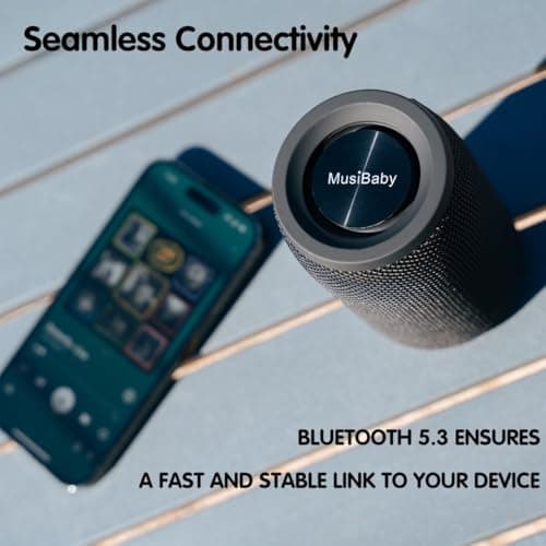 MusiBaby M68 Portable Bluetooth Speaker – Wireless Waterproof Sound for Home and Outdoor Use – Deep Bass, Dual Pairing, 24H Playtime, Compact Design (Black) 7