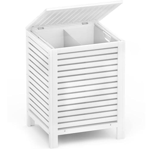 Homykic Bamboo Laundry Hamper with Lid, 120L Large Clothes Laundry Sorter with Removable 2-Section Liner Bag, Raised Laundry Basket Organizer for Clothing, Bathroom, Bedroom, Laundry Room, White