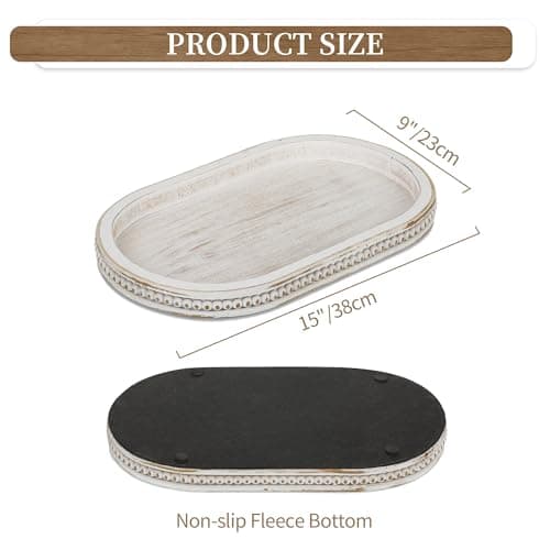 Hanobe Decorative Trays for Coffee Table : White Oval Centerpiece Tray Wood for Farmhouse Entry Table Decor Round Bathroom Tray for Living Room Kitchen Counter 5