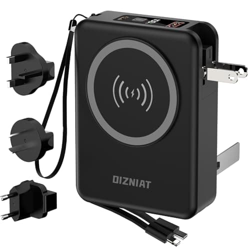 OIZNIAT 10000mAh Portable Charger Power Bank for magsafe, 22.5W Fast Charging Wall Plug Power Bank for iPhone Andriod Sumsung 5 in 1 Travel Wireless Charger Built in USB C Lightning Cables-B