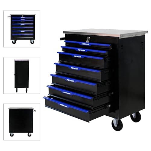 RYH 4/5/6/7 Drawers Rolling Tool Chest -Heavy Duty Mobile Metal Tool Box with Locking Wheels, with Stainless Steel Worktop, Garage Tool Storage Cabinet (Black-Blue, 7-Drawers 30.7" H×25.9" W) 6