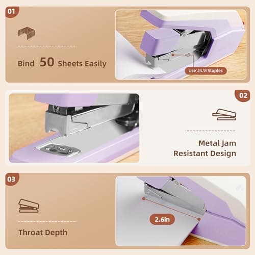 Deli Effortless Desktop Stapler, Heavy Duty Stapler, 40-50 Sheet Capacity, One Finger, No Effort, Includes 1500 Staples & Staple Remover, Violet 5