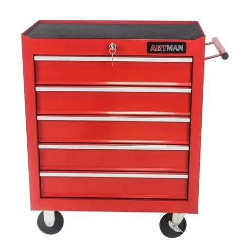 RYH 4/5/6/7 Drawers Rolling Tool Chest -Heavy Duty Mobile Metal Tool Box with Locking Wheels, with Stainless Steel Worktop, Garage Tool Storage Cabinet (Red, 5-Drawers 29.9" H×24.2" W) 6